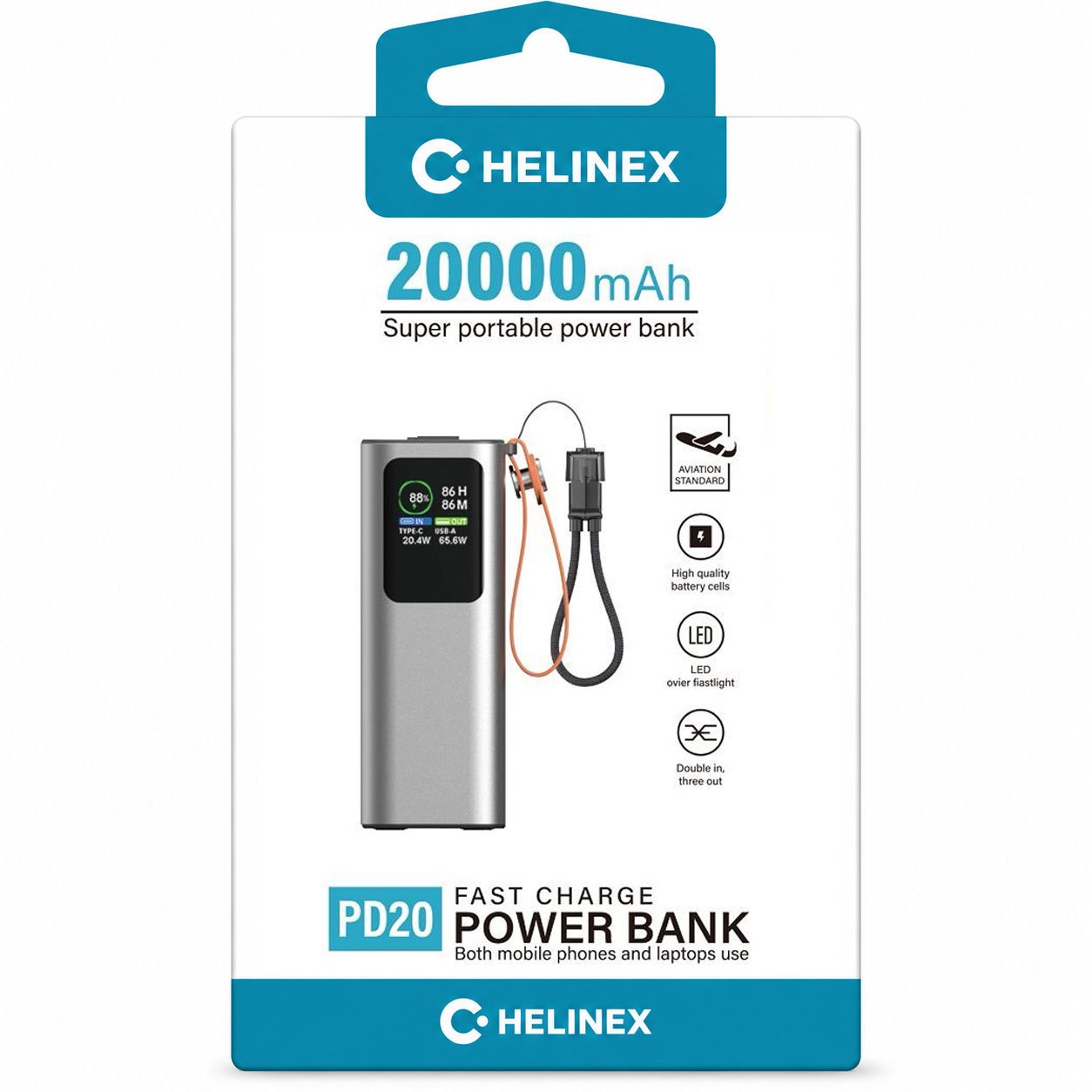 HELINEX 20000mAh Powerbank – 100W Ultra-Fast PD mit integriertem Kabel